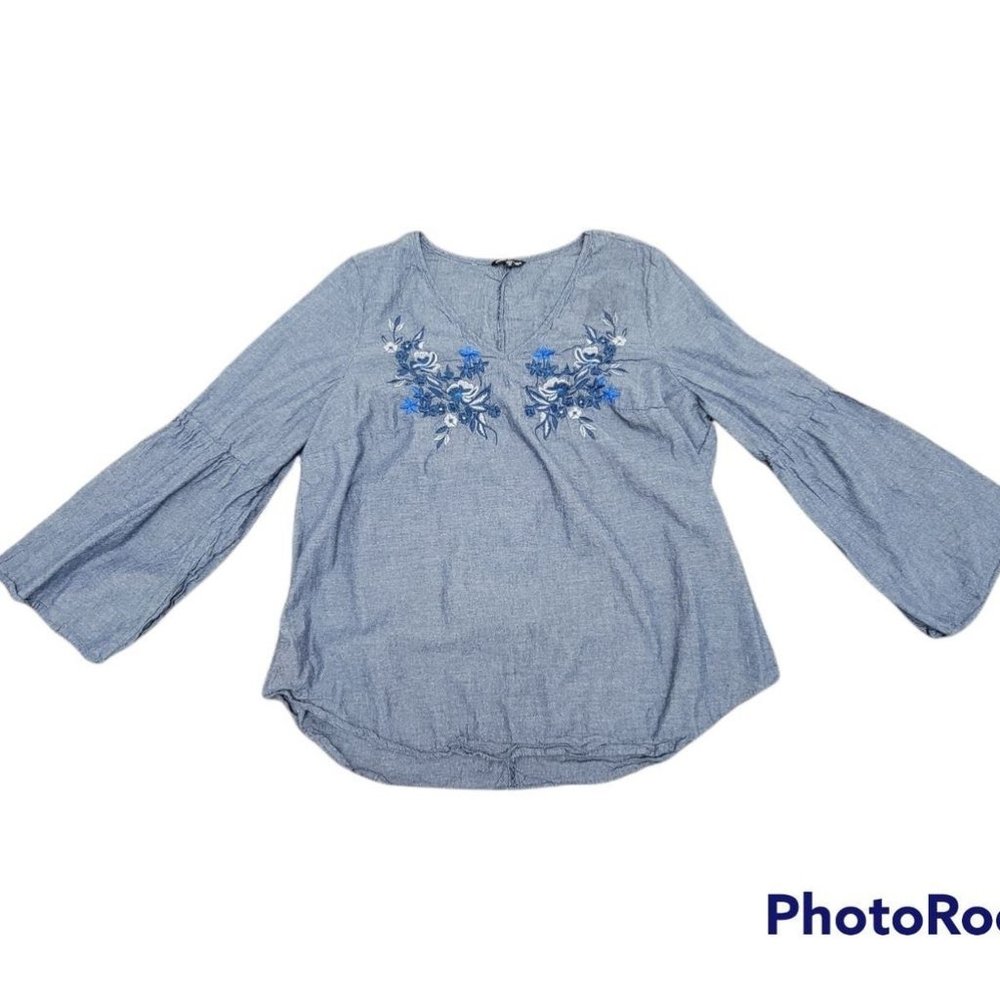 Unique Spectrum Denim Long Bell Sleeves With Floral Designs 100% Cotton - 2X